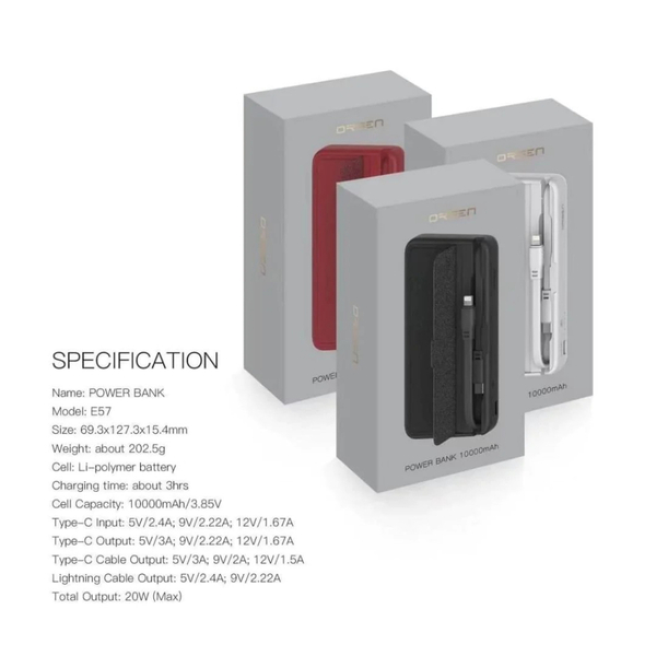 พาวเวอร์แบงค์ Eloop Orsen E57 10000mAh PD 20W มีสายชาร์จในตัว