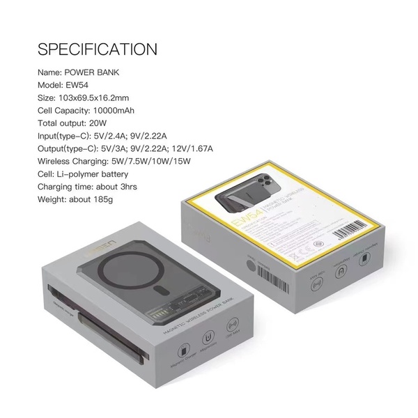 พาวเวอร์แบงค์ไร้สาย Eloop Orsen EW54 10000mAh Magnetic Wireless PD 20W