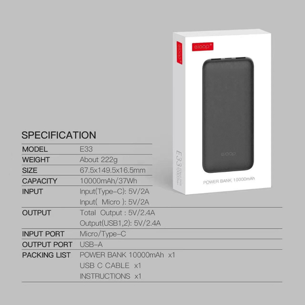 พาวเวอร์แบงก์ Orsen by Eloop 10000mAh ชาร์จพร้อมกัน 2 เครื่อง ของแท้ มี มอก. 4