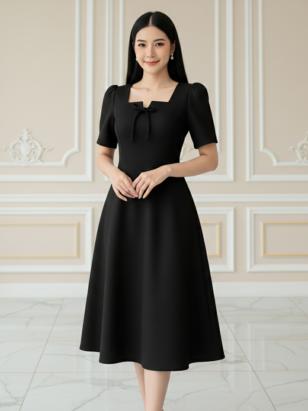 MOCCA's ชุดเดรสผ้าซอฟท์สูทอัดกาว คอเหลี่ยมโบว์ กระโปรงทรงย้วย 3