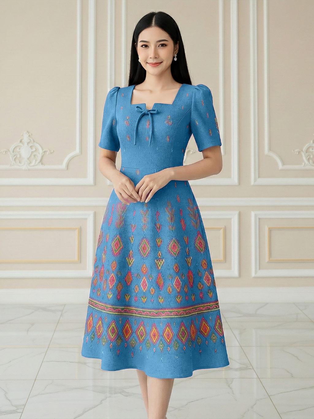 MOCCA's ชุดเดรสผ้าซอฟท์สูทอัดกาว คอเหลี่ยมโบว์ กระโปรงทรงย้วย 5
