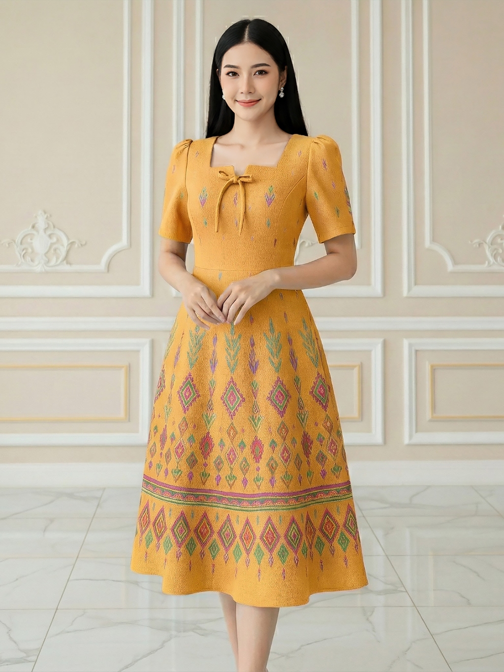 MOCCA's ชุดเดรสผ้าซอฟท์สูทอัดกาว คอเหลี่ยมโบว์ กระโปรงทรงย้วย 7