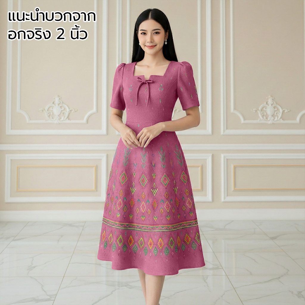 MOCCA's ชุดเดรสผ้าซอฟท์สูทอัดกาว คอเหลี่ยมโบว์ กระโปรงทรงย้วย 8