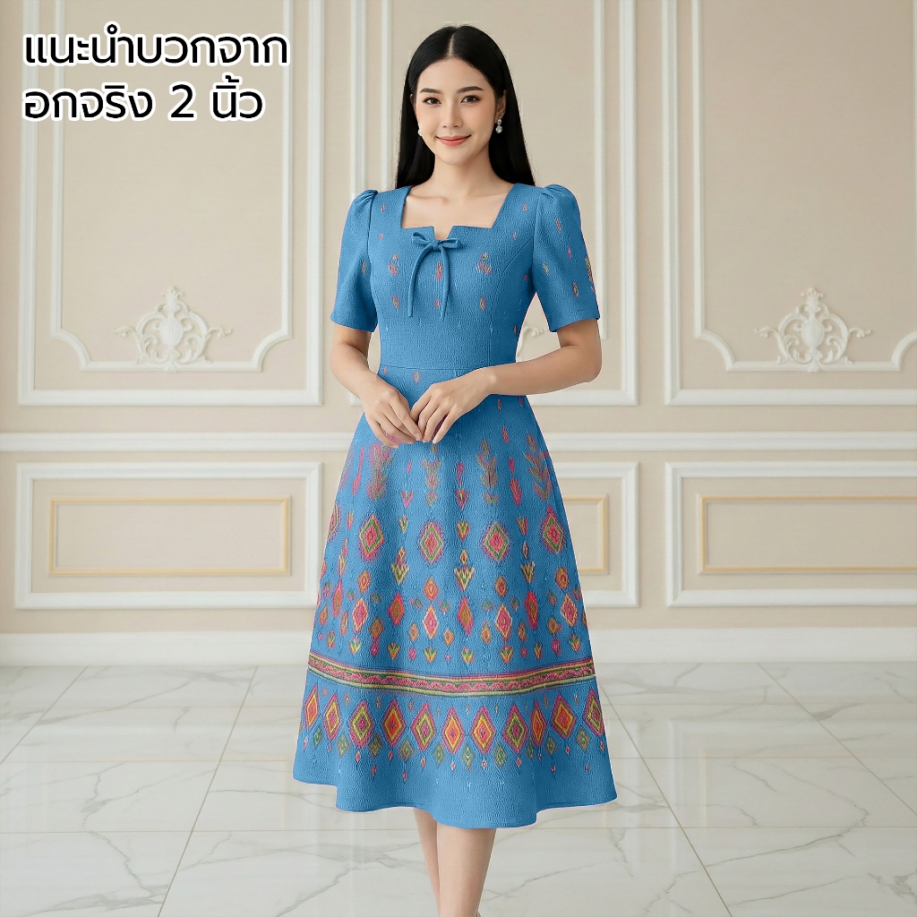 MOCCA's ชุดเดรสผ้าซอฟท์สูทอัดกาว คอเหลี่ยมโบว์ กระโปรงทรงย้วย 9