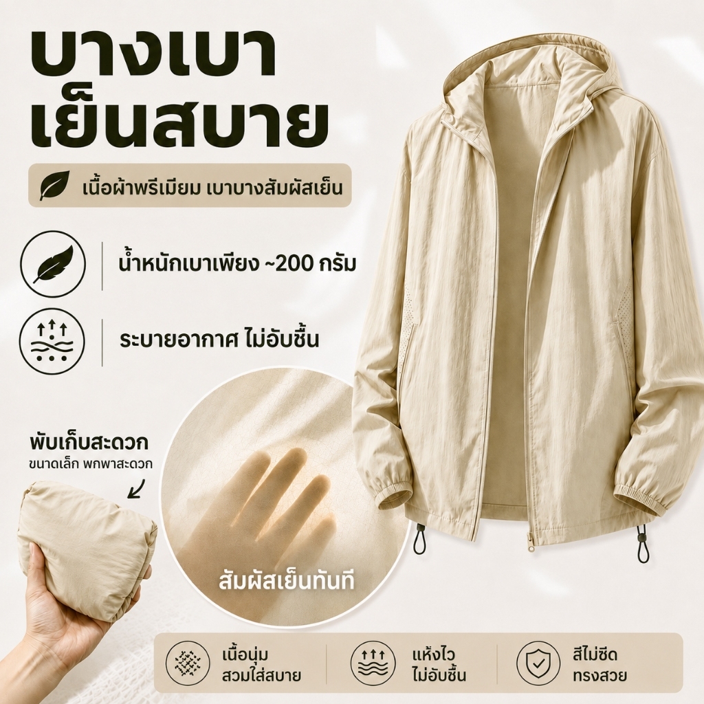 GENIO LAMODE เสื้อกันลมกันแดด UPF 100+ ผ้าไหมน้ำแข็ง มีกระเป๋าด้านข้าง 5