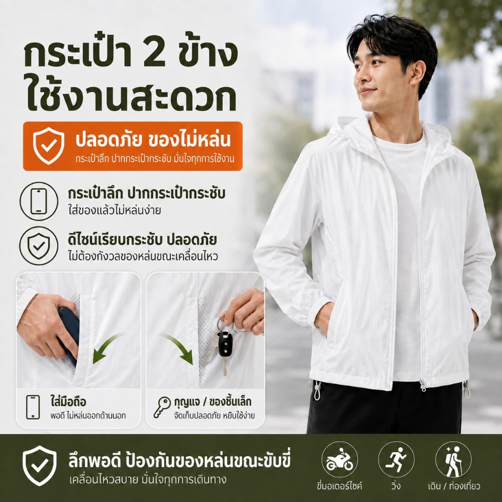 GENIO LAMODE เสื้อกันลมกันแดด UPF 100+ ผ้าไหมน้ำแข็ง มีกระเป๋าด้านข้าง 6